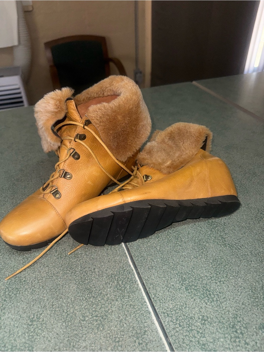 gentle souls Tan Leather Shearling Lace-Up Winter Boots